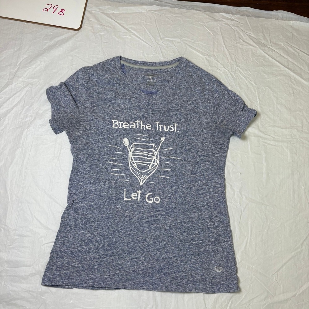 Reef Legends Womens Blue Graphic V Neck T Shirt Breathe Trust Let Go